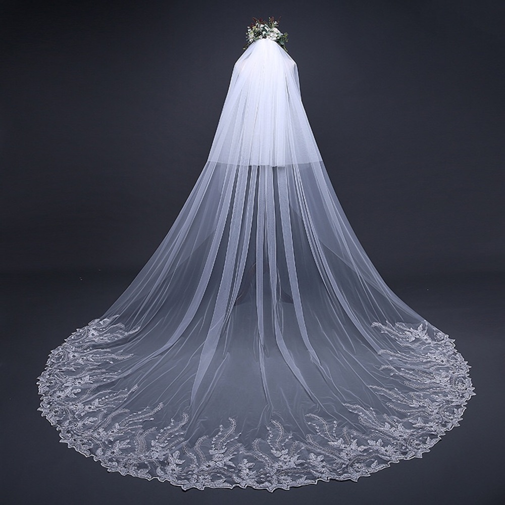3M Cathedral Length White Bridal Veil with Lace Edge